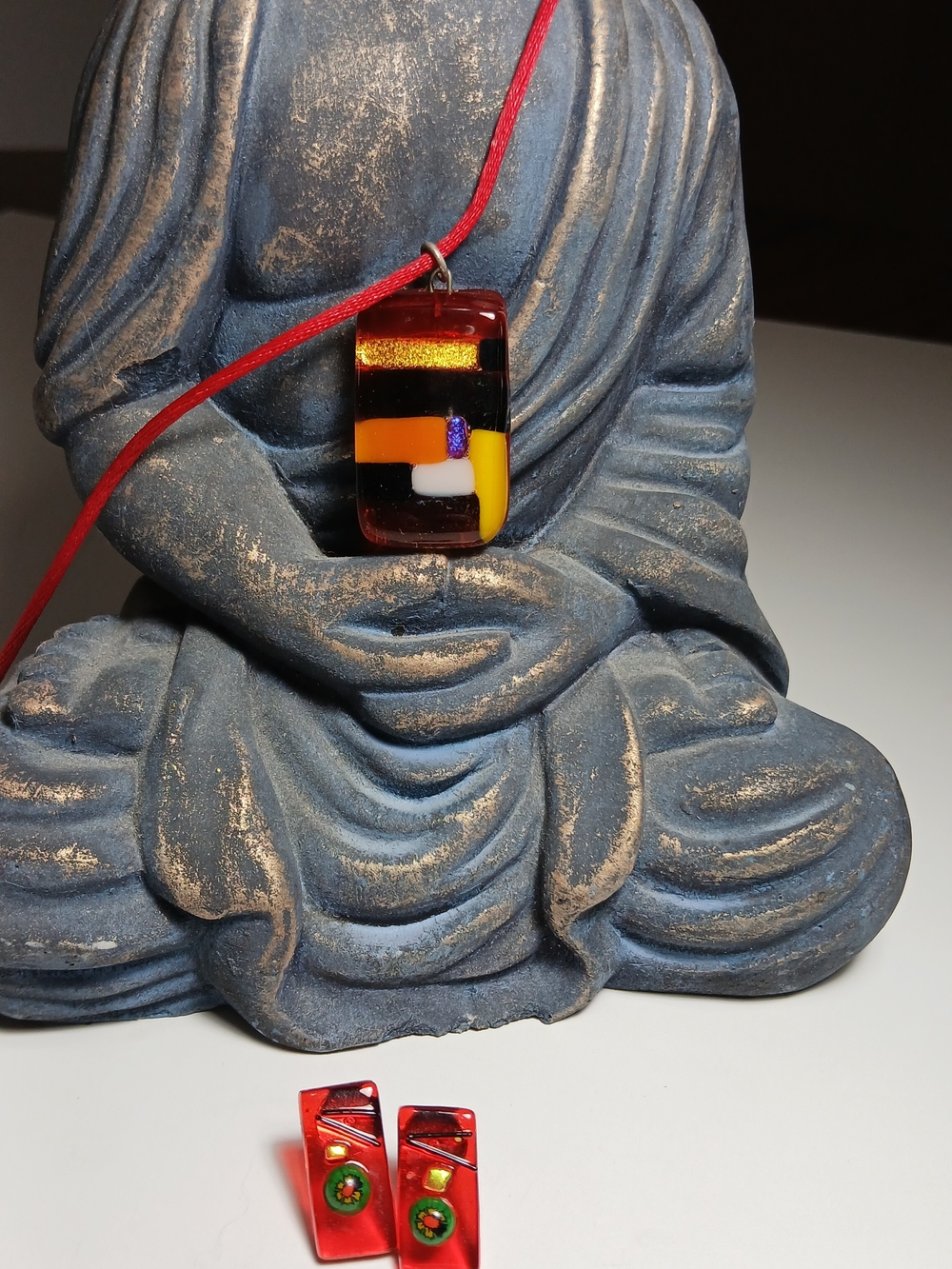 Handmade In Yucatan Mex - Red Glass Pendant Necklace & Earring Set